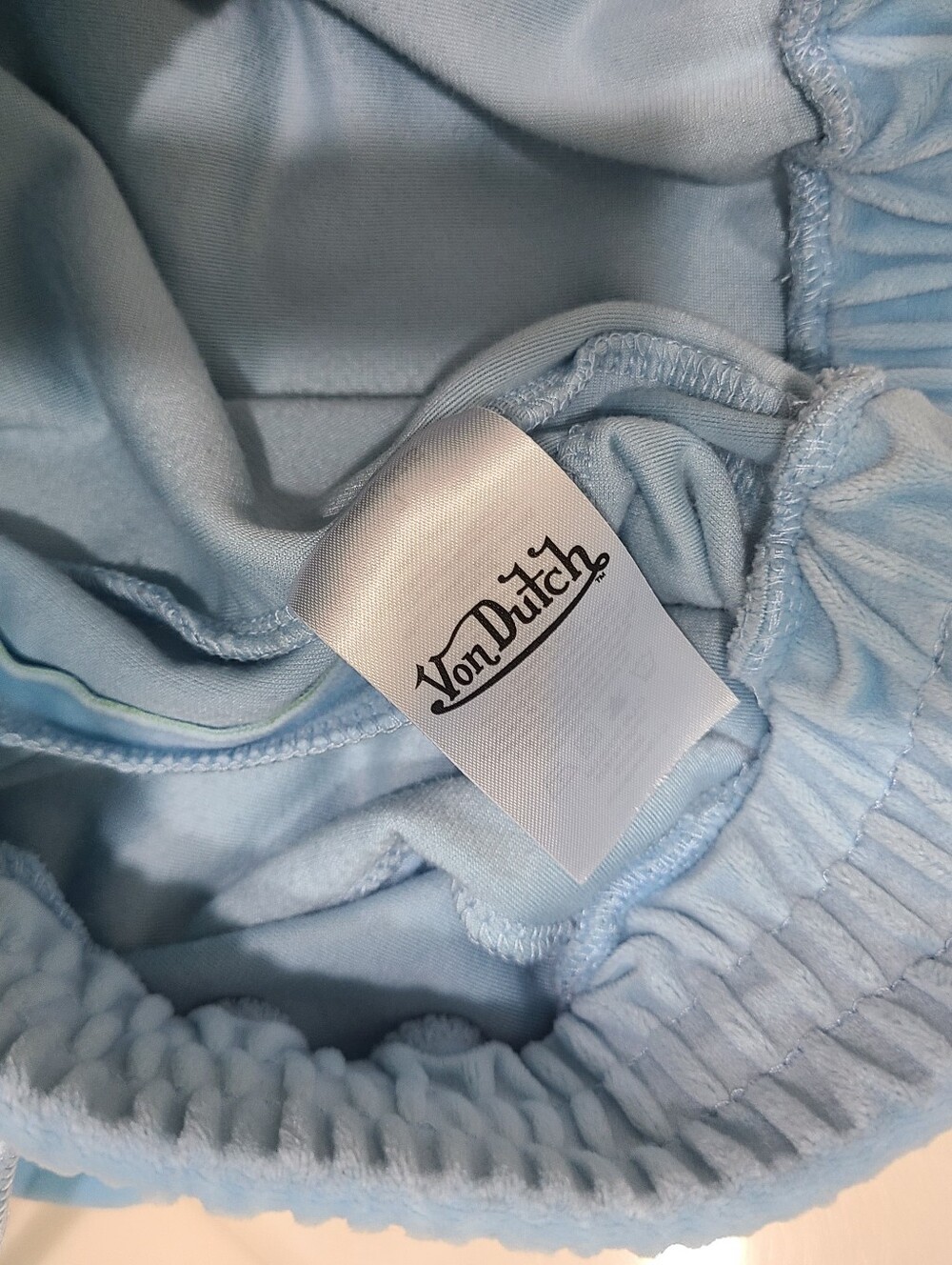 Von Dutch Women’s Blue Velour Rhinestone Logo Y2K Retro Wide Leg Sweatpants Sz L - Picture 11 of 16